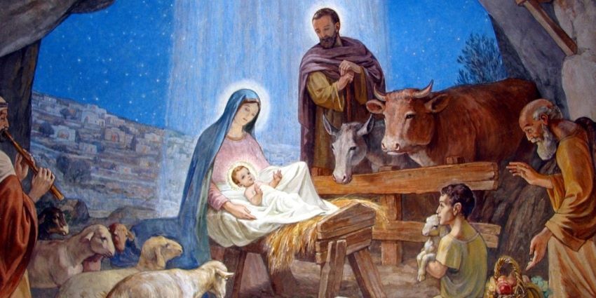 Św. Józef i Maryja opiekują się dzieciątkiem Jezus pocztówka